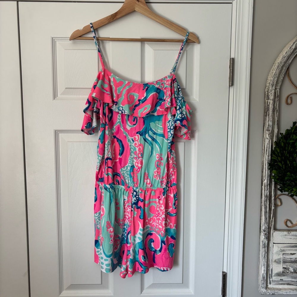 Lilly Pulitzer Klea Romper Off the Shoulder Coral Reef I'm So Jelly Jumpsuit S - Picture 3 of 11
